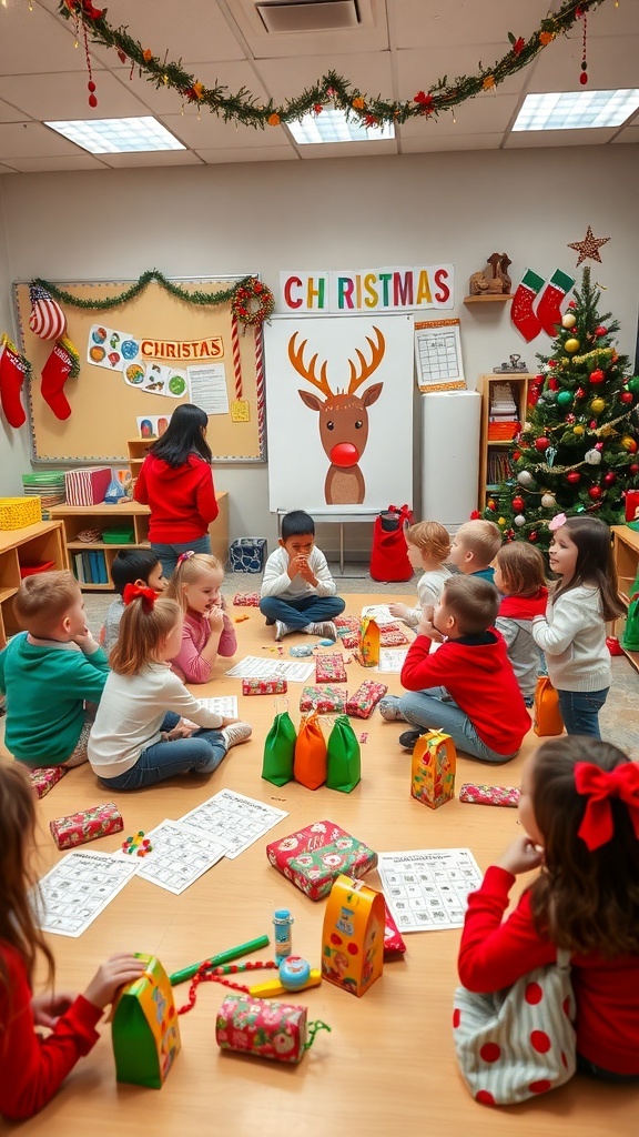 Children playing Christmas games in a decorated classroom with festive decorations.